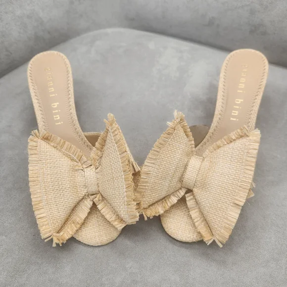 Gianni Bini Mules 8.5 Nude Beige Raffia Le Cadeau Kitten Heel Chunky Bow New$100 - Picture 11 of 16
